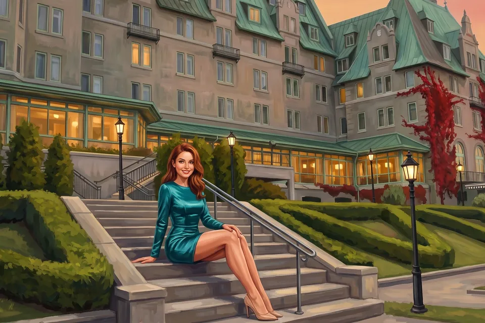 Jeune femme sur l’escalier des jardins du Manoir Richelieu